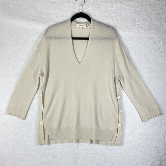 Inhabit‎ Sweater Womens Sz MIvory Cashmere V-neck Tunic Side Buttons Roll Hem - Picture 1 of 12